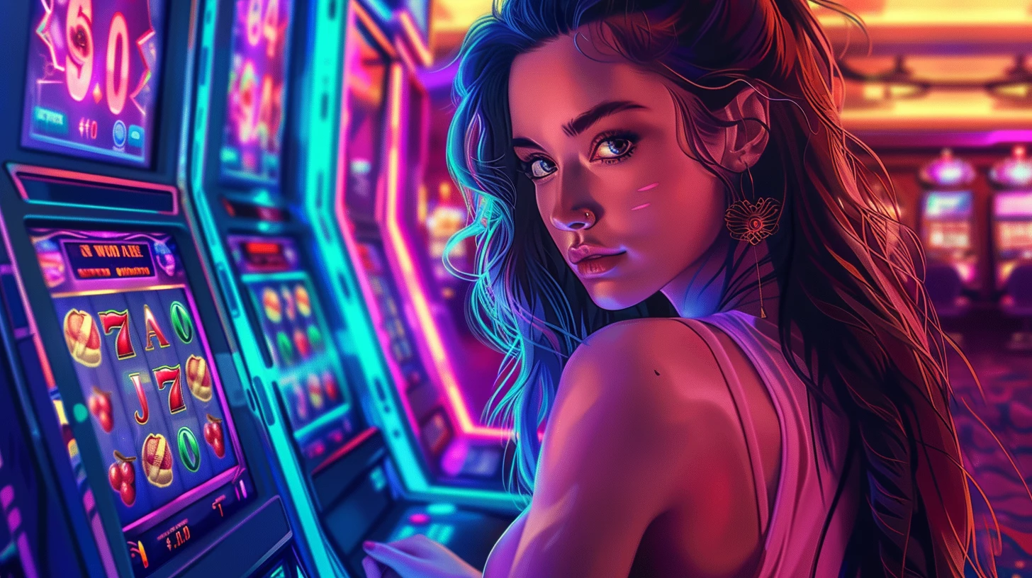 Дівчина за ігровим автоматом в гральній залі казино