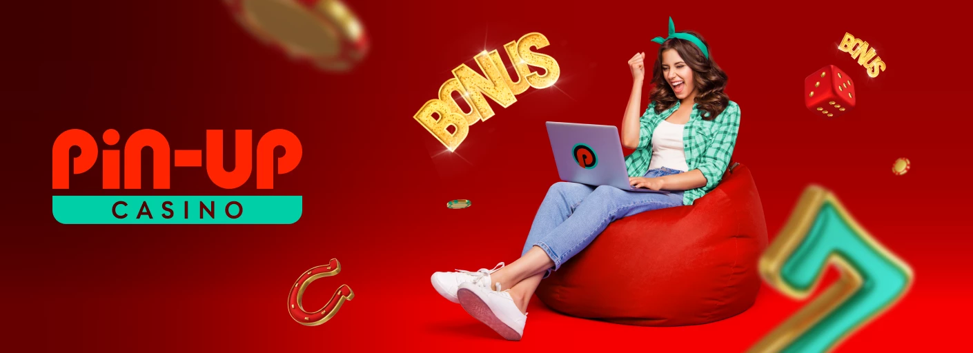 Логотип Pin Up казино з дівчиною з ноутбуком на червоному фоні з гральними знаками